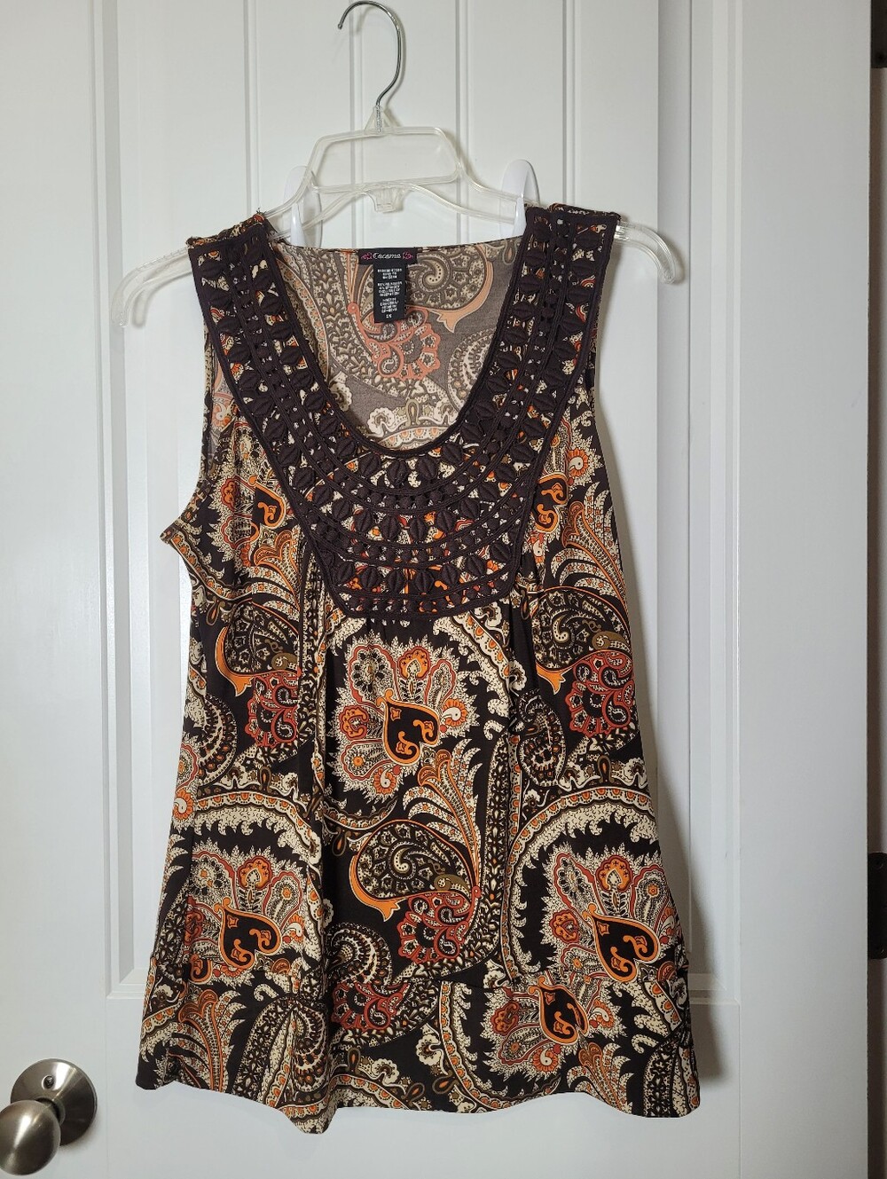 Cocoma Brown Y2K Paisley Crochet Yoke Tank with Orange Accents.  Size Small